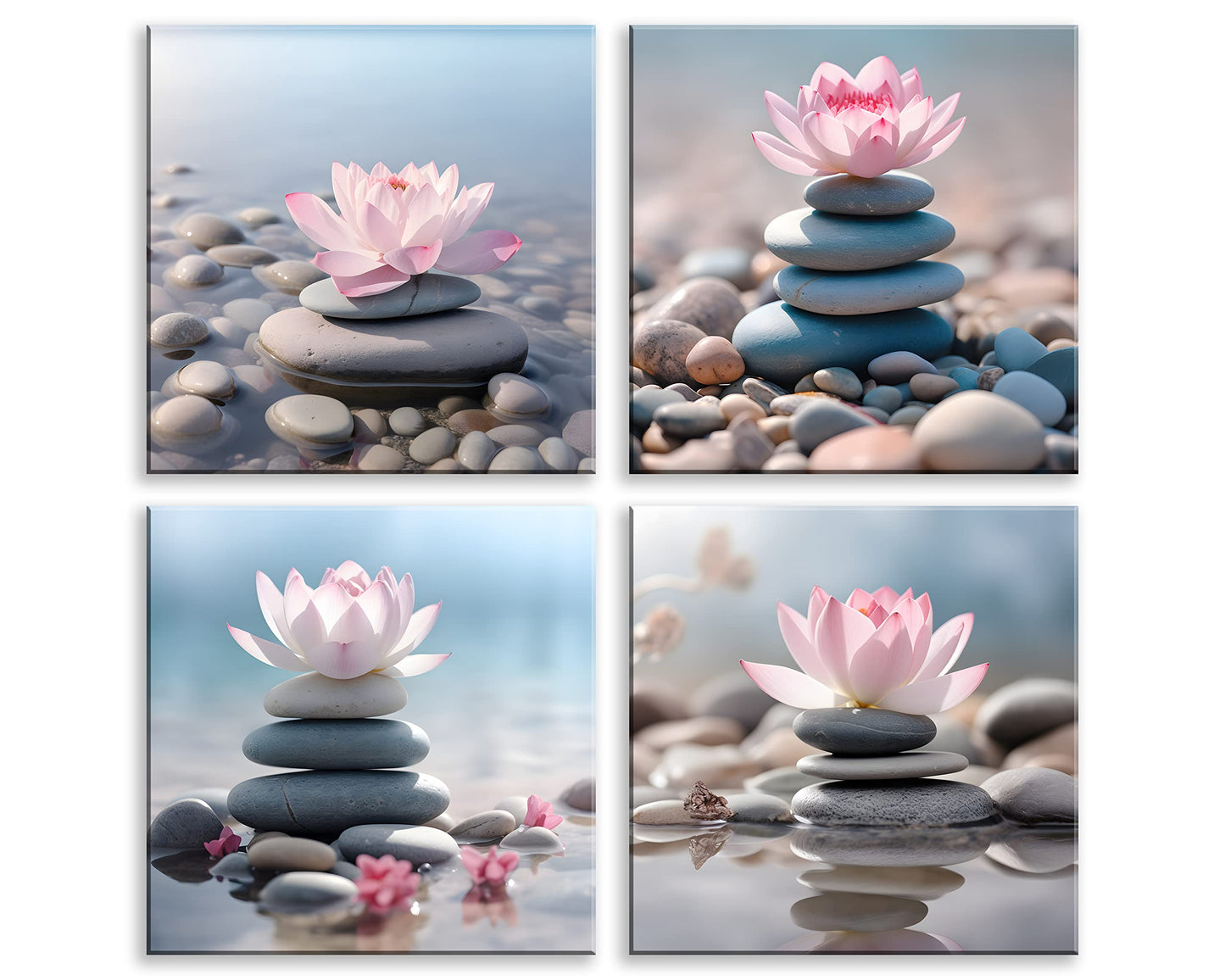 NAN Wind 4PCS Mordern Zen High-Definition Canvas Print Pink Lotus Stacked Zen Stones Spa Wall Art Easy-to-Hang Wall Art for Serene Home Deco Meditation Rooms Yoga Studios and Zen Enthusiasts
