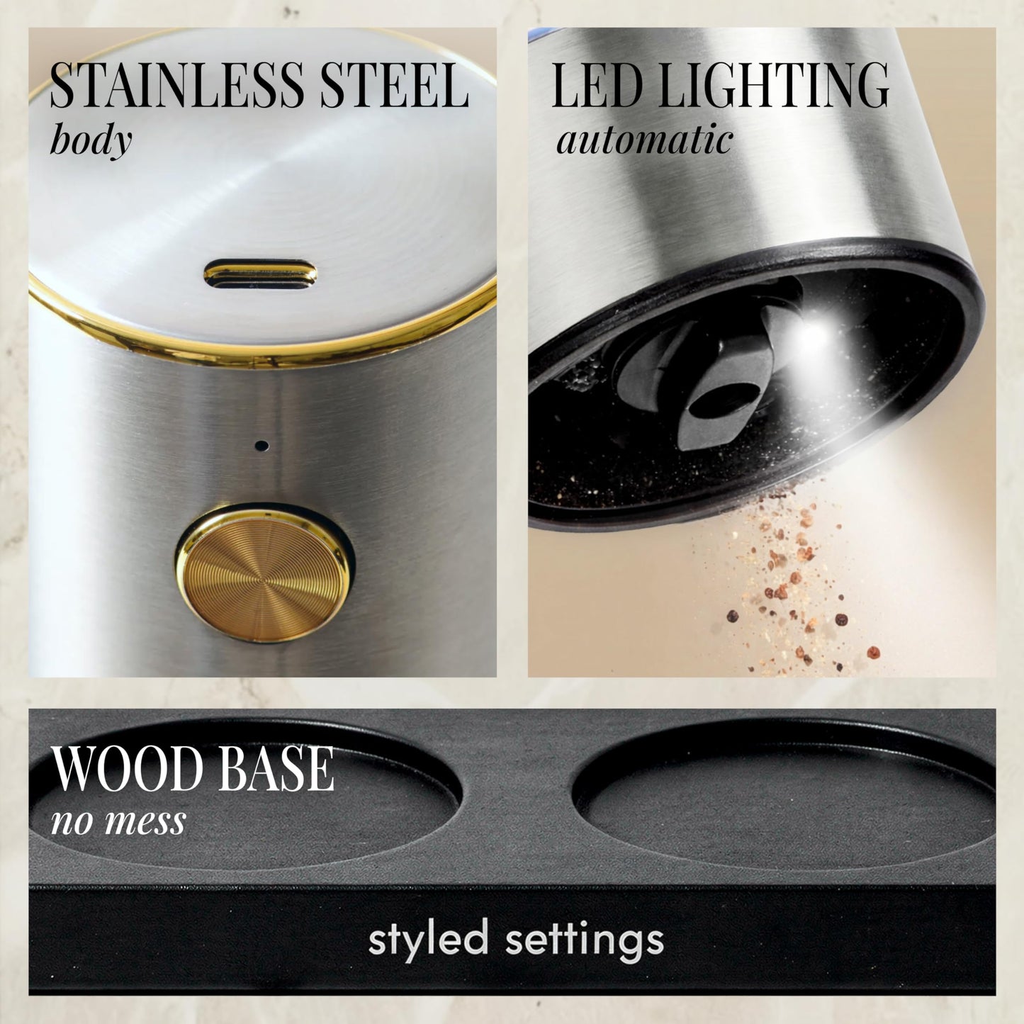 Electric Salt and Pepper Grinder Set Rechargeable – Stainless Steel Salt and Pepper Grinder Set with LED Light, USB Charging, Adjustable Coarseness, Kitchen Gadget Gift for Home Cooks
