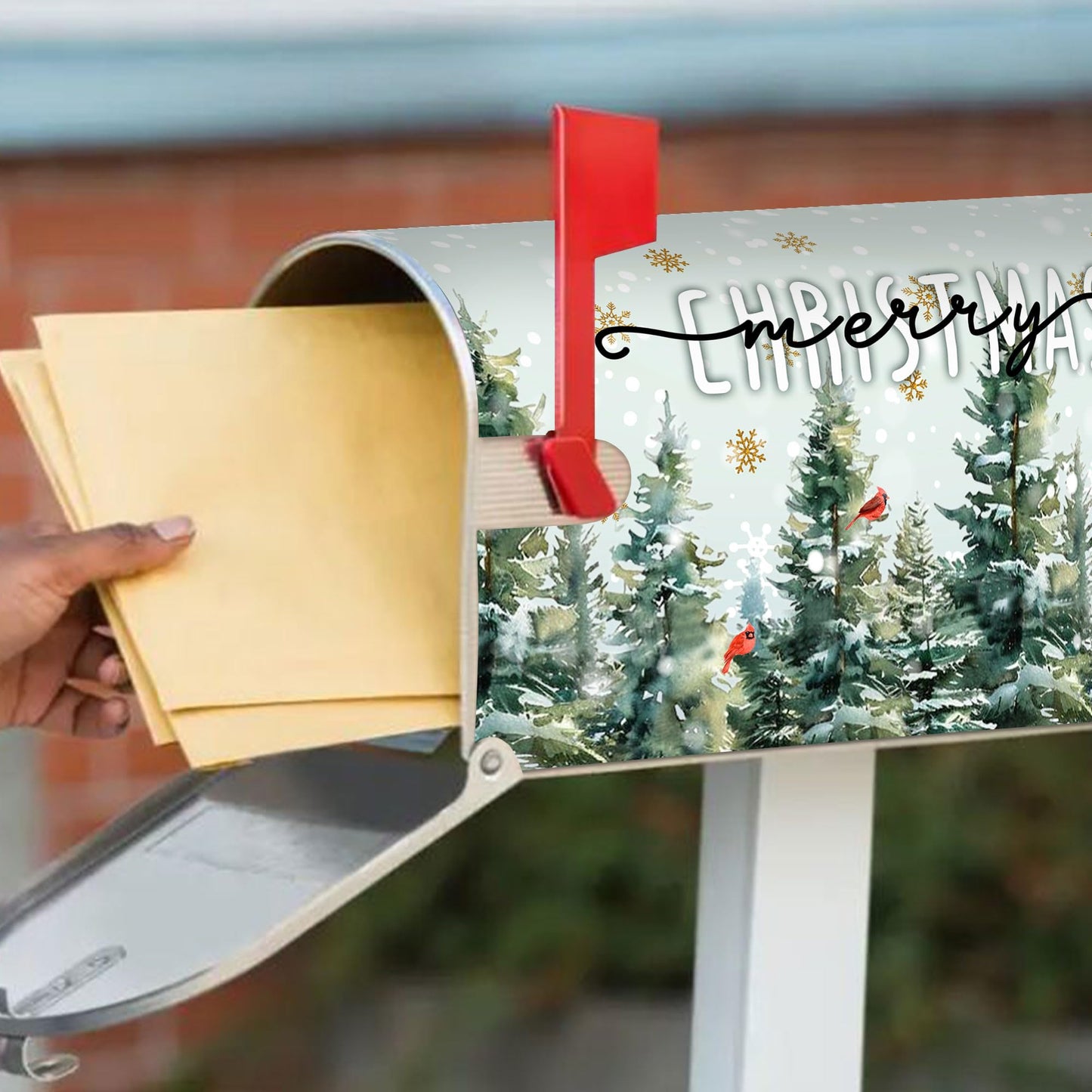 Merry Christmas Mailbox Cover - Magnetic Standard Size 18" X 21" - Christmas Dark Green Pine Trees Cardinal Birds Snowflake Mailbox Cover Decor for Home Garden Yard Post Letter Box