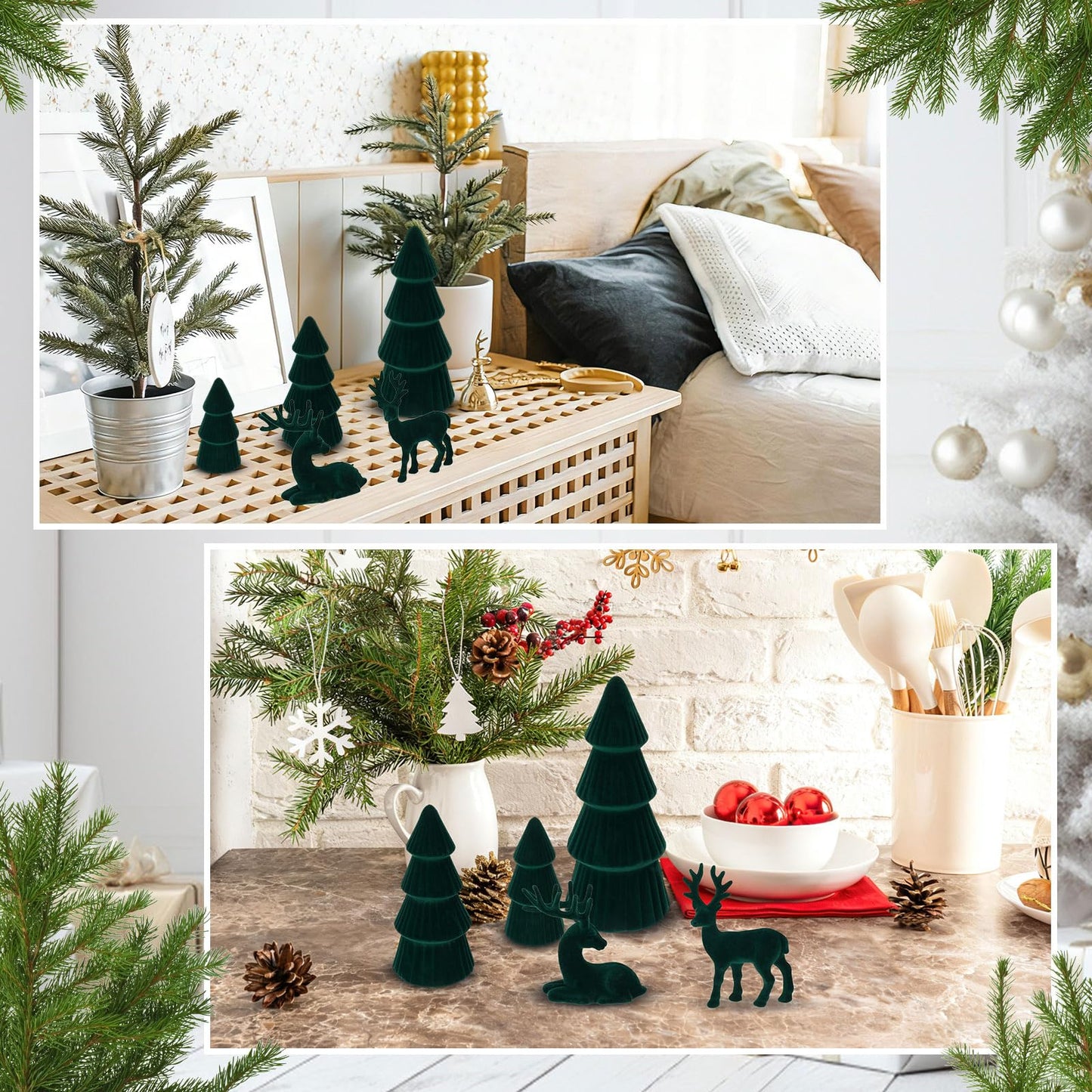 Amyhill 5 Pack Christmas Velvet Reindeer & Tree Decor Christmas Reindeer Decor Tree Figurine for Indoor Home Decoration Tabletop Mantle Cabinet Desktop Office(Green)