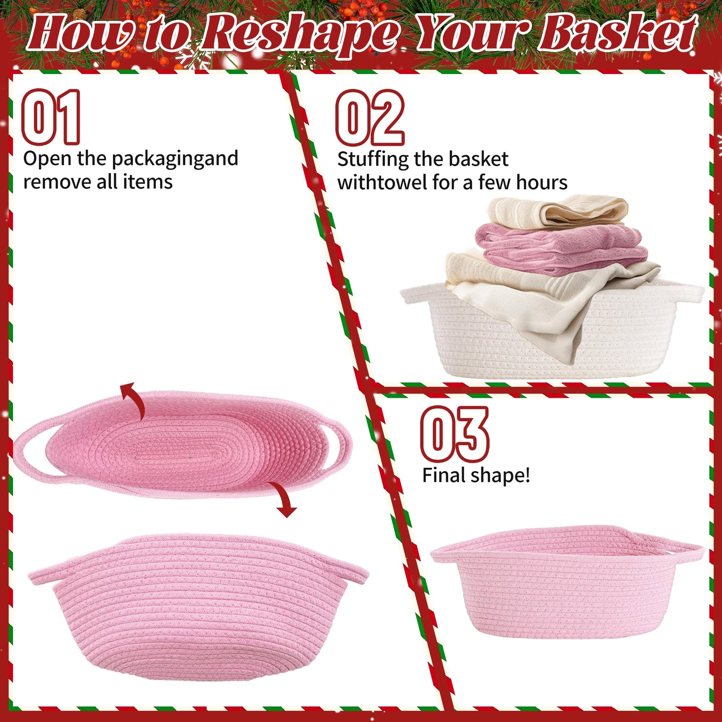 4pcs Valentines Day Gift Basket Empty, Pink Woven Basket with Handles, Decorative Rope Woven Storage Basket Valentines Gift Baskets with Gift Bags Sticker and Ribbons for Empty Decorative Gift Box