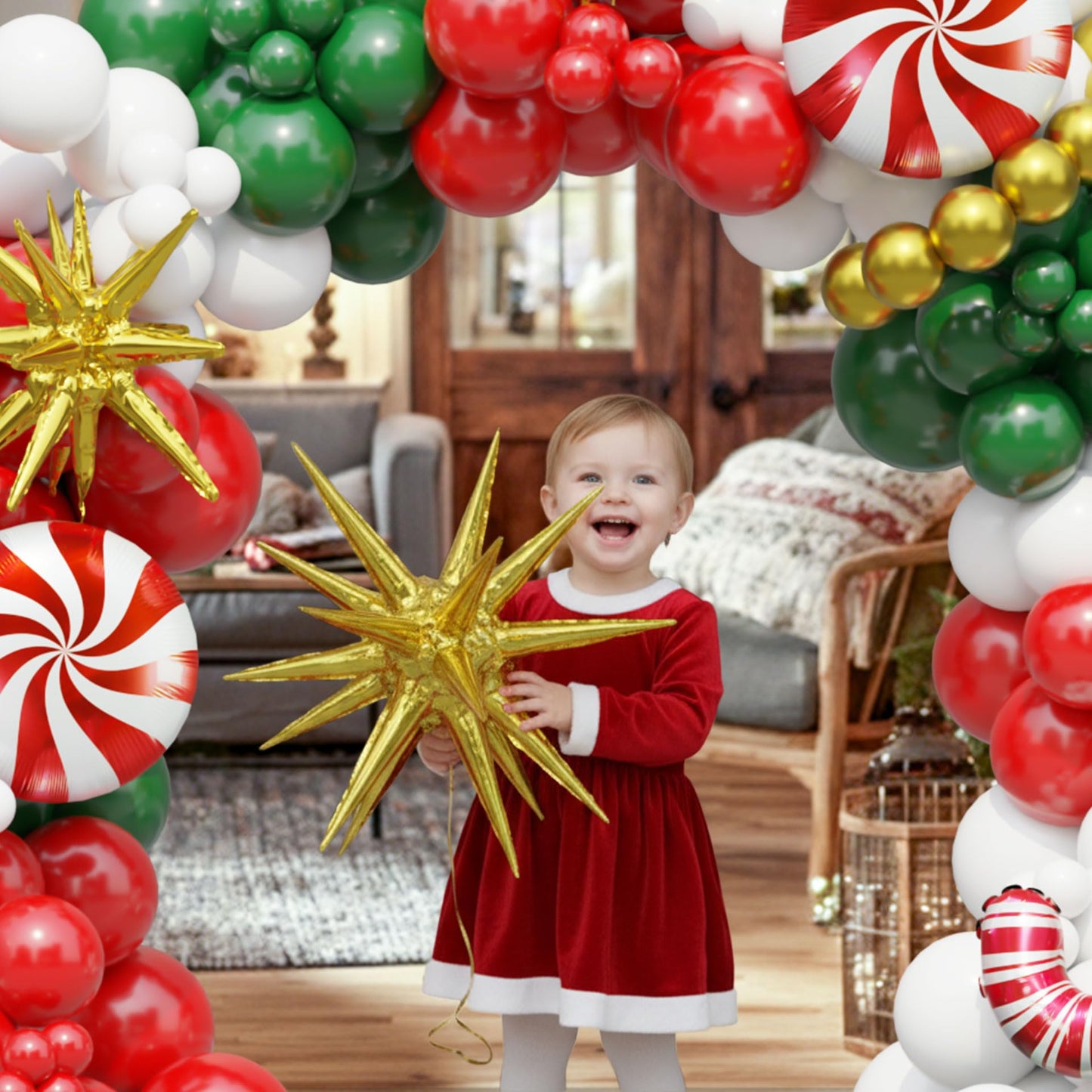 Ceeulvu Christmas Balloon Arch Kit, Red Green Gold White Balloon Garland with Star Candy Cane Foil Balloons for Xmas Party