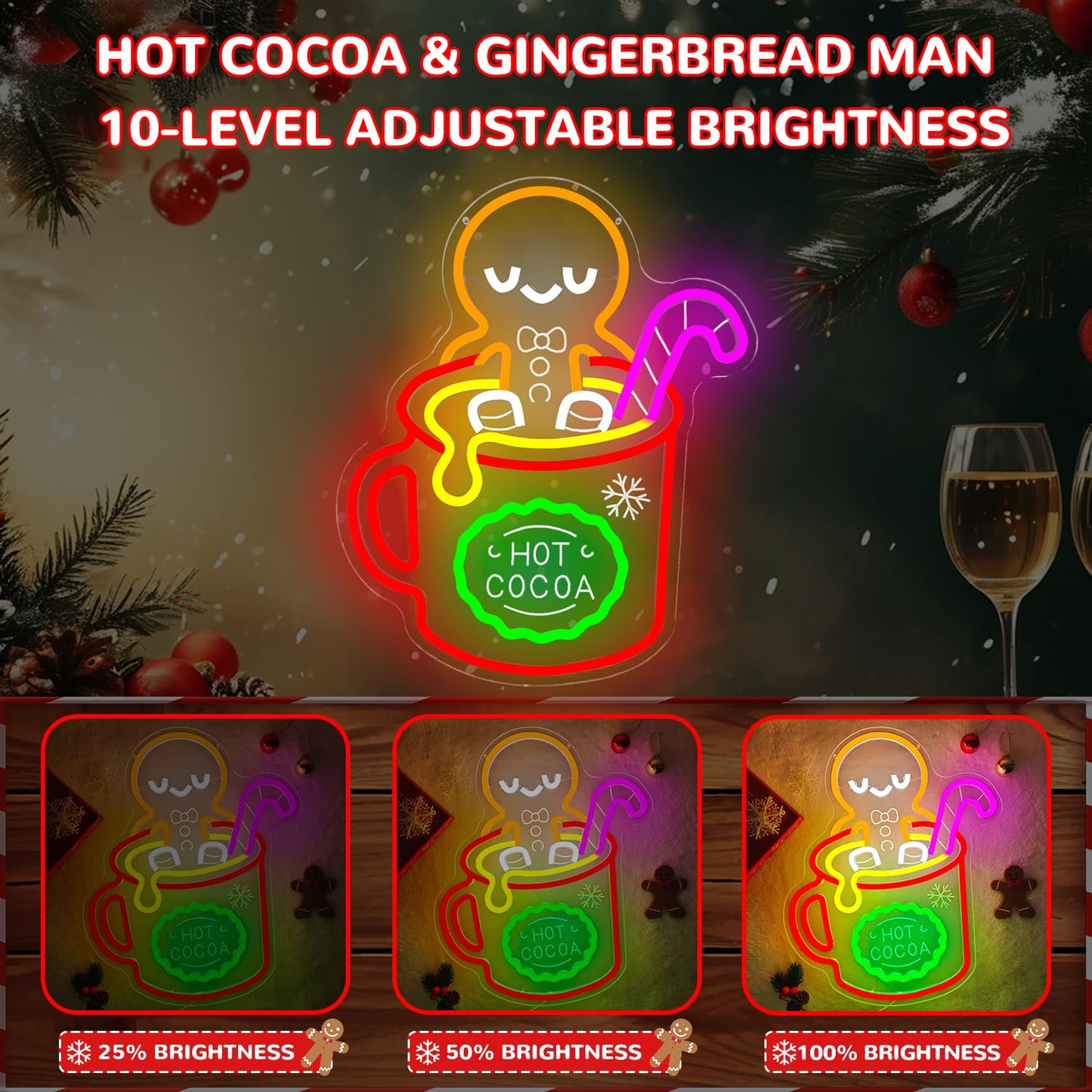 hhuohuona Christmas Gingerbread Man Neon Sign Dimmable Hot Cocoa Christmas Led Sign Gingerbread Hot Cocoa Mug Candy Cane Neon Lights Xmas Holiday Led Wall Decor Gift