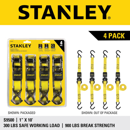 STANLEY S9500 Black/Yellow 1" x 10' Ratchet Straps - Light Cargo (300 lb Working Load / 900 lb Break Strength), 4 Pack