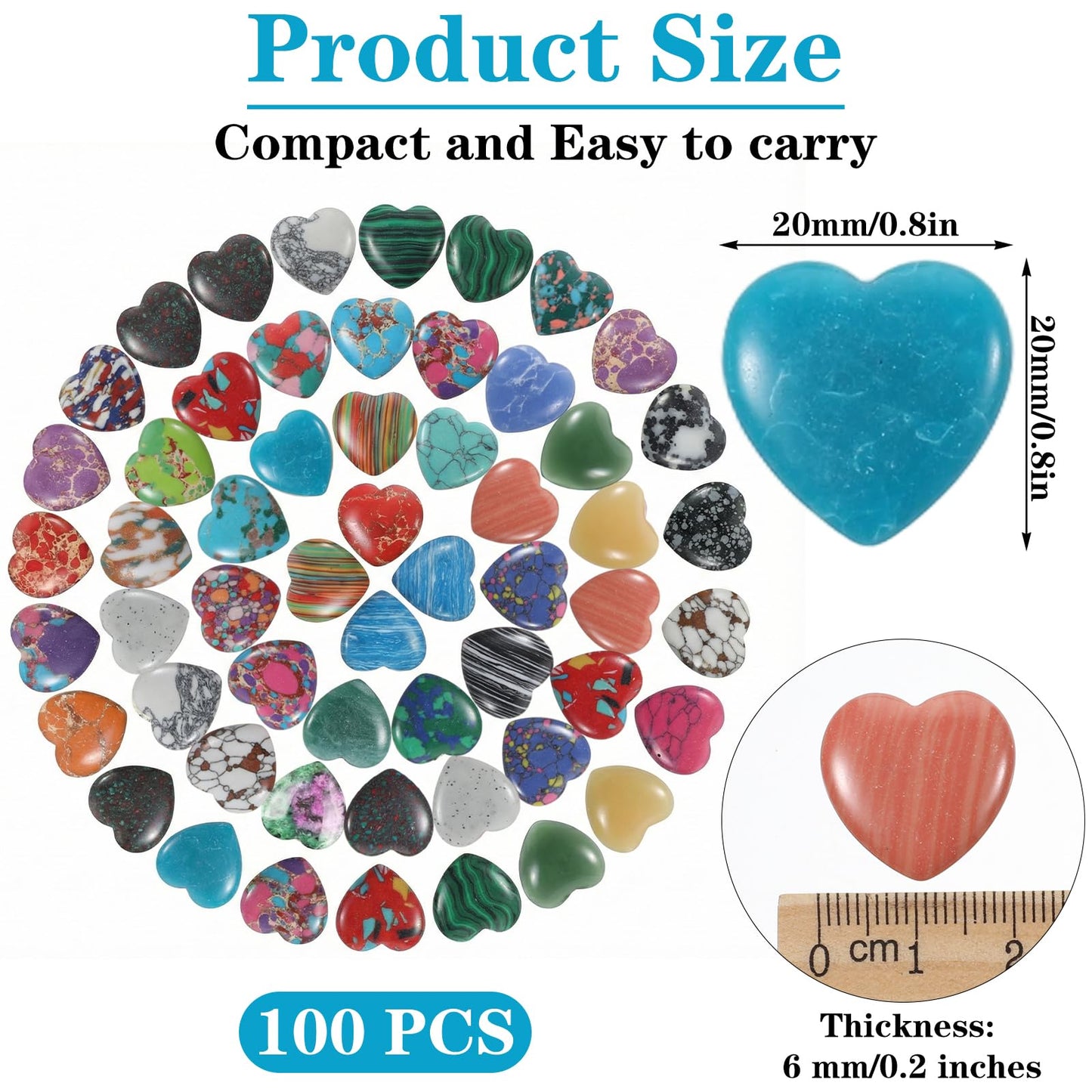 100 Pcs Heart Stones Worry Stones Heart Shape Anxiety Crystal Bulk 0.8 Inch Gemstones Assorted Natural Cute Hearts Crystals Set for Anxiety Decoration Gifts