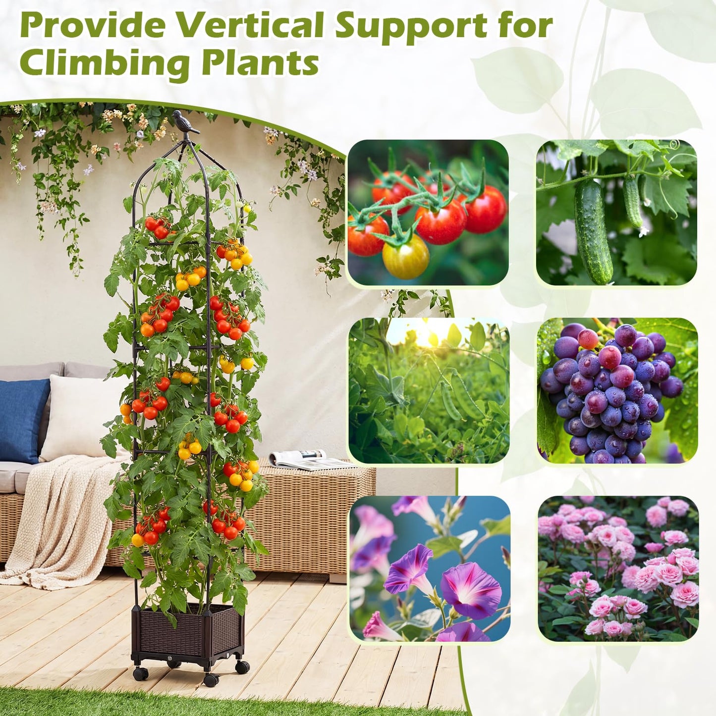 HAPPYGRILL Raised Garden Bed with Trellis, Self-Watering Tomato Cages, 83” 67” 51” Adjustable Height, Indoor Outdoor Obelisk Planter Box w/Trellis & Wheels for Climbing Plants Vines Fruits (2)