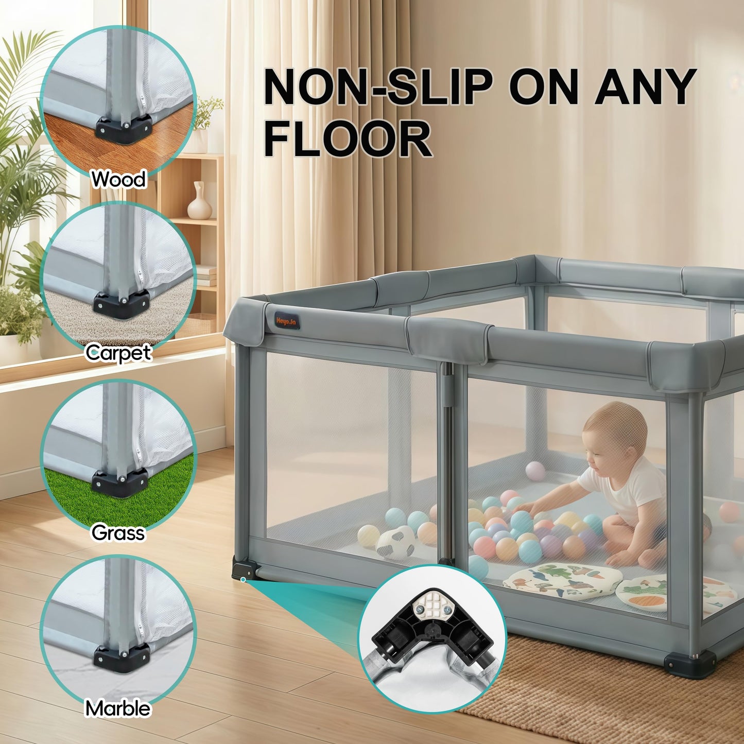 Foldable Playpen with Detachable Thicken Mat,59x71 Inches Portable Playpen,Collapsible Play Pen for Babies and Toddlers,Indoor & Outdoor Baby Fence Play Area,Cold Gray