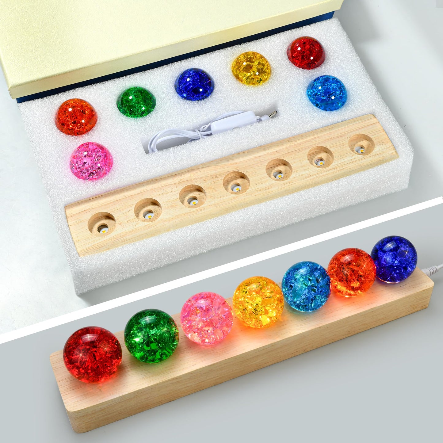 7 Chakra Crackle Crystal Ball with LED Stand, 40mm Natural Healing Stones for Meditation Reiki Energy Balance, Spiritual Decor Glass Sphere Lamp Night Light Gifts