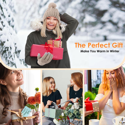 Winter Beanie Hat Gloves Set for Women, Pom Pom Fleece Lined Hat Knit Touchscreen Gloves
