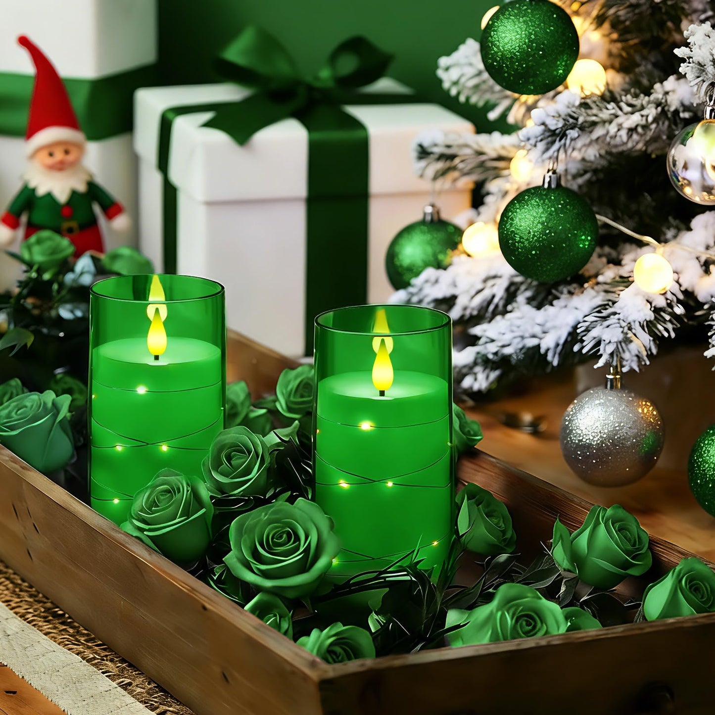 Homemory St. Patrick's Day Flameless Candles with Embedded Star String Fairy Lights, Green Battery Operated Candles, LED Candle, Fake Candles with Remote Control and Timer, Set of 2(H 6" 6")