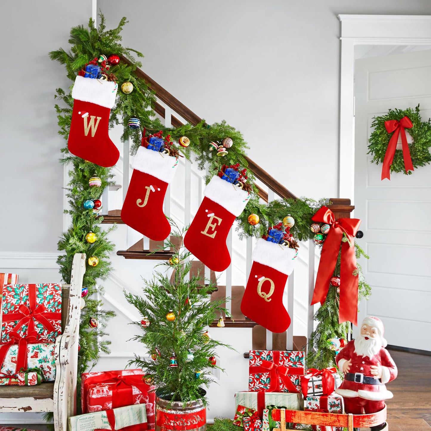 Sailup 20 Inches Monogram Christmas Stockings with Letters, Large Super Soft Christmas Stockings Red Velvet with White Super Soft Plush Cuff for Christmas Xmas Tree Holiday Fireplace (B)