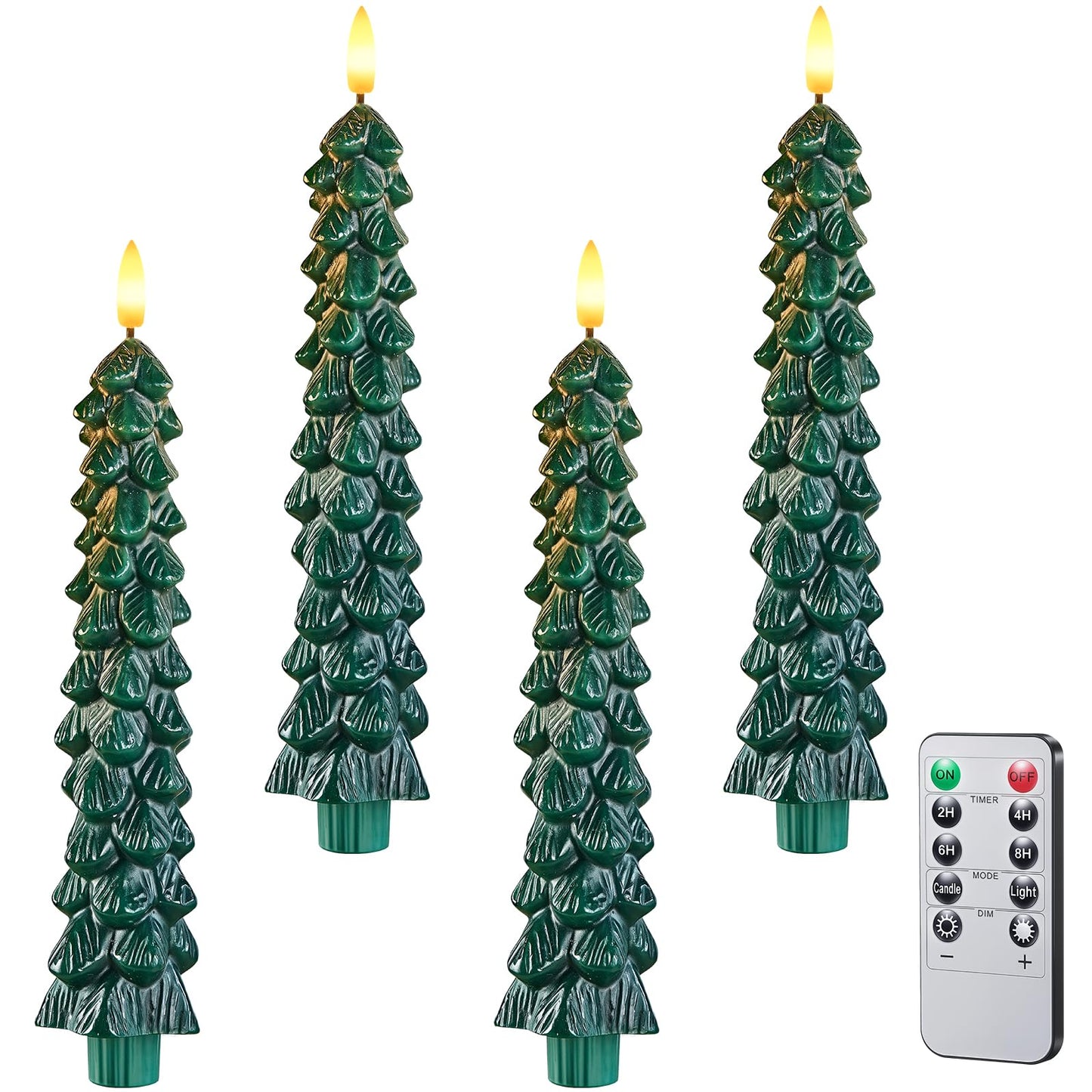 SURAIELEC Battery Operated Christmas Tree Candles, Remote Flameless Tree Taper Candles, Real Wax Finish, Flickering LED Candle, 9.5'' Christmas Candlesticks for Window, Mantel, Dining Table, 4-Pack