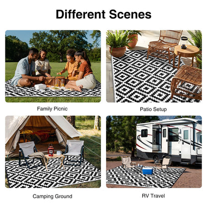 OLANLY Waterproof Outdoor Rug 9x18 ft, Outdoor Plastic Straw Rug for Camping, RV Mat Outside, Indoor Outdoor Carpet for Porch, Deck, Backyard, Balcony, Picnic, Black & White