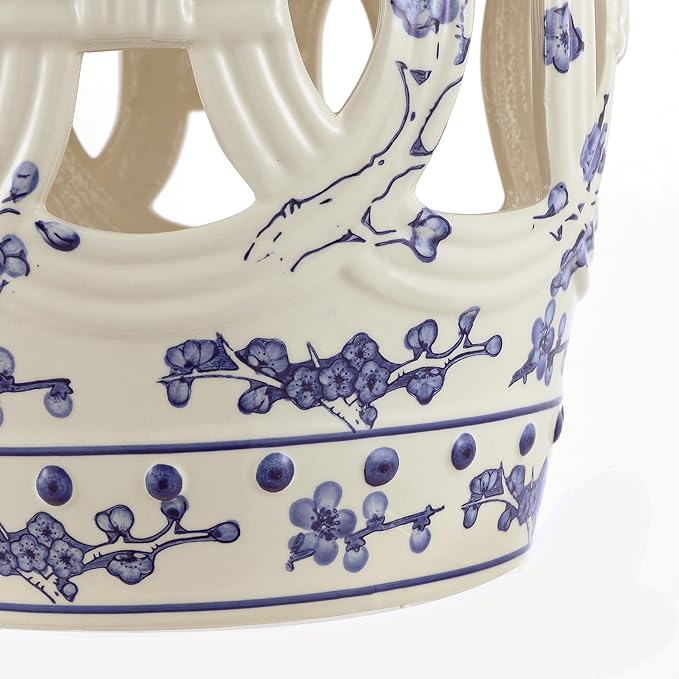JONATHAN Y TBL1027A Lucky Coins 16" Chinese Ceramic Drum Indoor/Outdoor Garden Stool Bohemian, Coastal, Classic, Cottage, French Country, Patio, Garden Room, Bathroom, Living Room, Blue/White