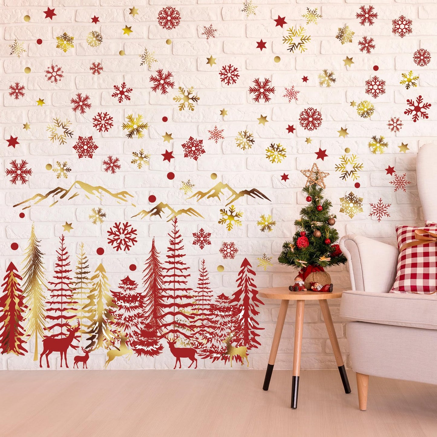 Teling 8 Pieces Winter Snowflake Wall Decals Stickers Dreamy Nursery Forest Woodland Trees Deer Pine Tree Wall Decals for Kids Room Winter Decor(Red, Gold)