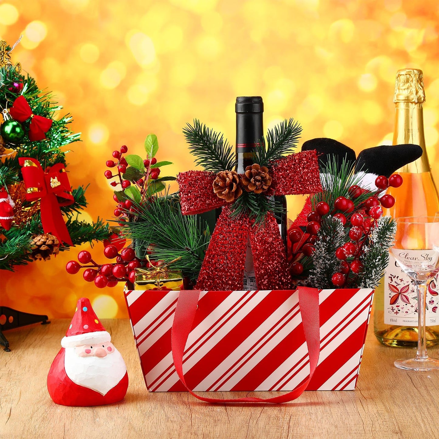 Pinkunn 48 Pcs Christmas Basket for Gifts Empty Bulk, Holiday Gift Empty Baskets with Handle, Reusable Kraft Market Cardboard Tray for Xmas Present Wrapping(Candy Stripe,12.6 x 9.8 x 5.9 in)
