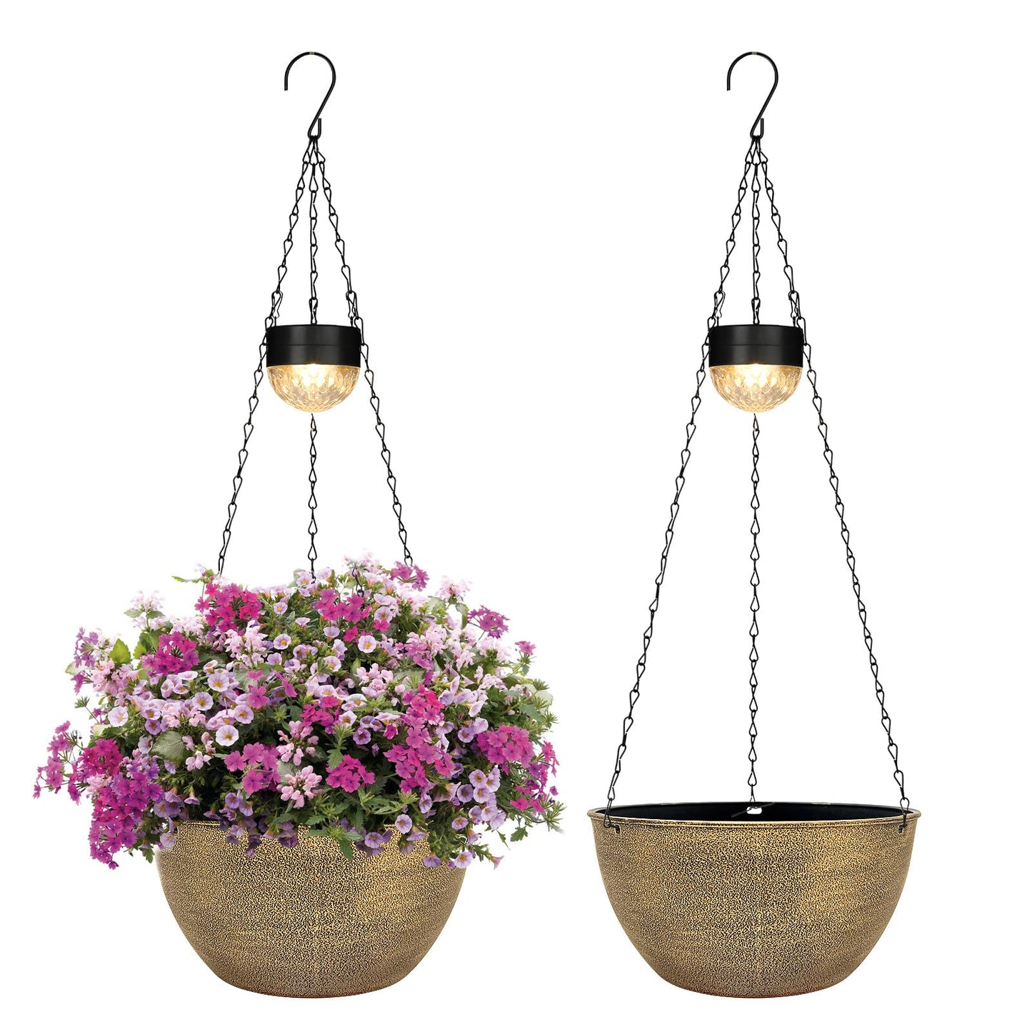 BAYN 2 Packs Solar Hanging Basket Planters for Plants Outdoor, Self Watering Copper Flower Plants Pots with Solar Light Drainer for Balcony Patio Garden Outdoor Decoration