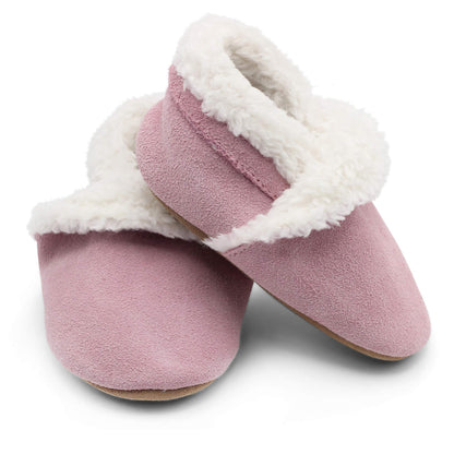 Dotty Fish Baby & Kids Suede Barefoot Slippers – Boys & Girls, 5 Styles, Non-Slip Soft Soles, Warm Fleece-Lined House Shoes, Elasticated Ankles, Podiatry Approved – Pale Pink 12-18 Months
