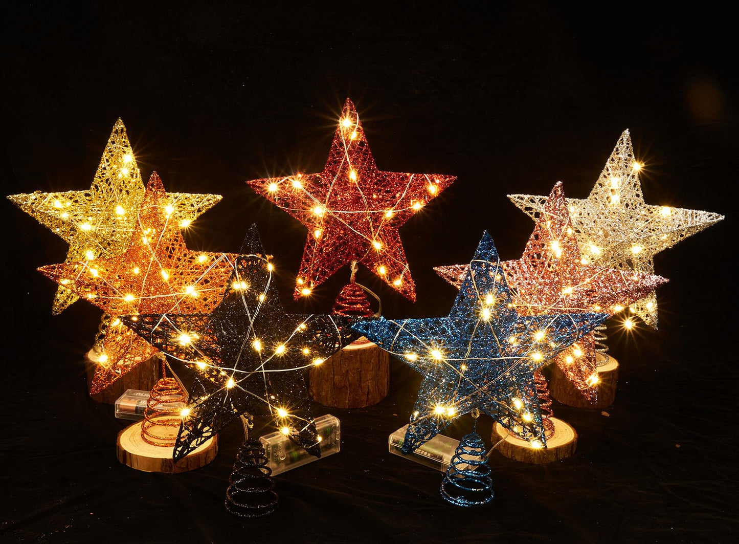 Emopeak 20 LED Christmas Tree Topper, 8 x10 Inch Black Indoor Iron Art Star Treetop Light, Two Modes (Keep Light ON/Flash) Black