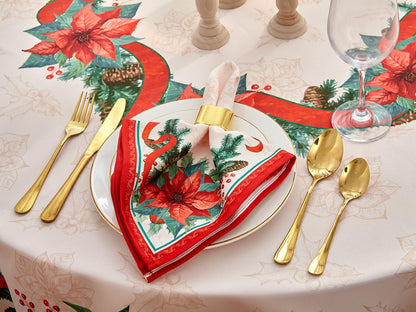 YiHomer Poinsettia Ribbon Engineered Printed Fabric Christmas Tabletop for Xmas Winter Holiday, Christmas Time, Tablecloth, 70" Round