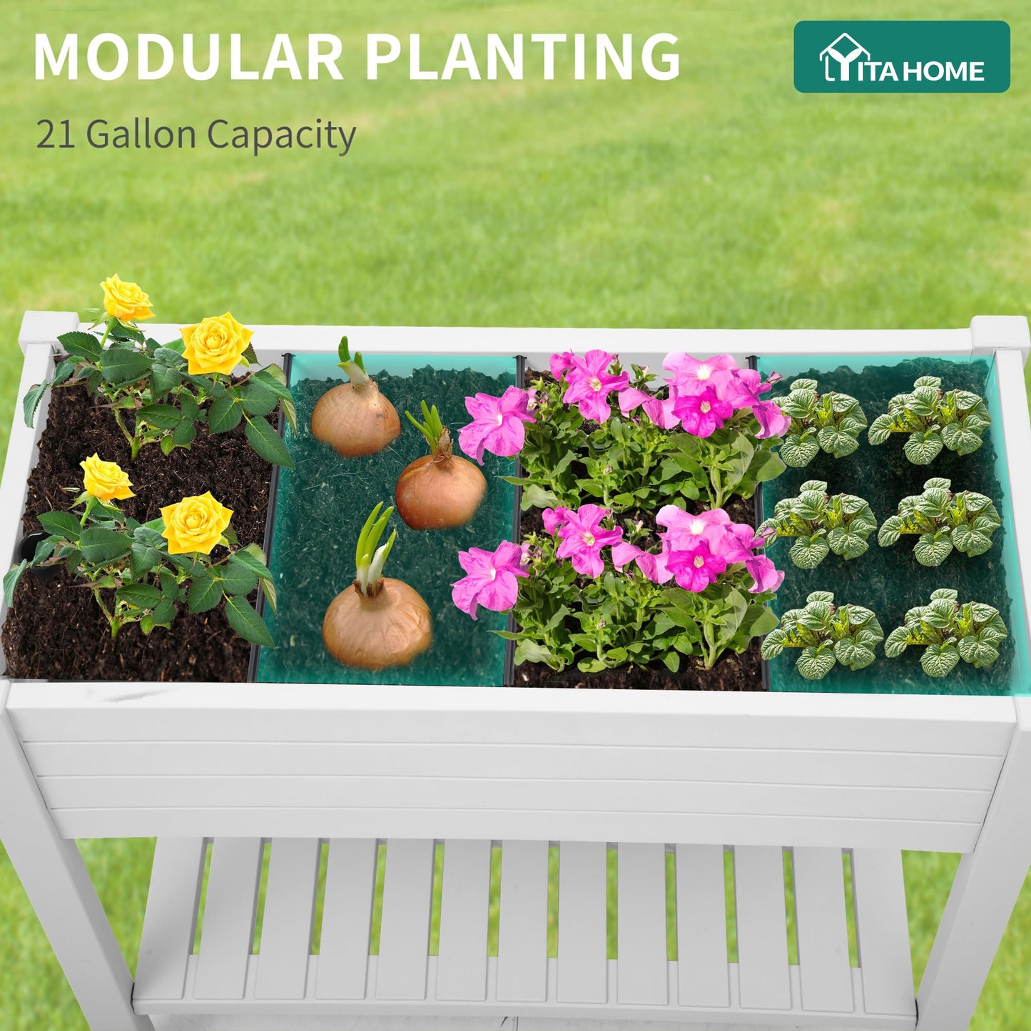 YITAHOME Raised Garden Bed Outdoor 43.3x17.7x34 in Raised Planter Box with Legs, Drain Plug and Storage Shelf, Elevated Planter Box for Plants Vegetables Flowers Herbs, White