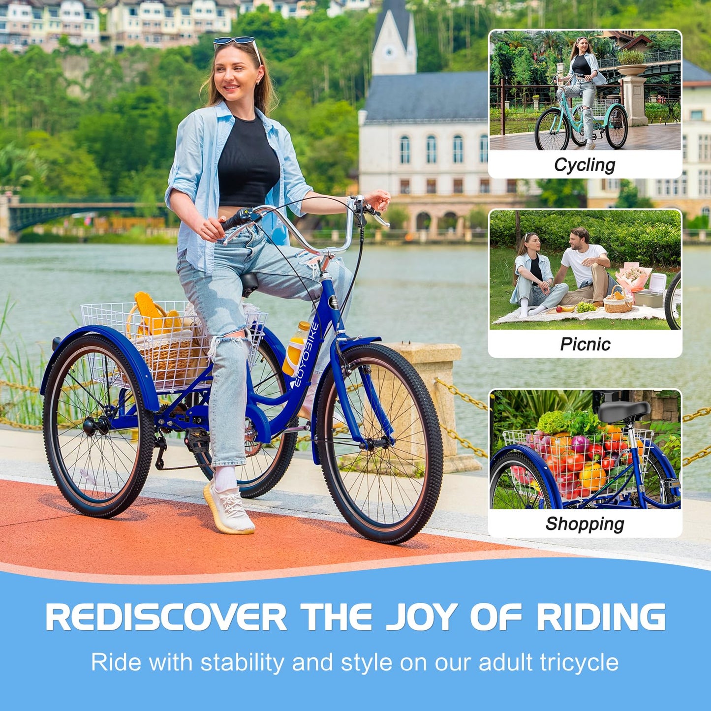 EOYOBIKE Adult Tricycle 3-Wheel Cruiser Bike, Low Step-Through, Heavy-Duty Comfort Trike with Adjustable Handlebar & Spring Saddle, Large Rear Basket, for Seniors & Adults (Harbor Blue, 20" Tire)