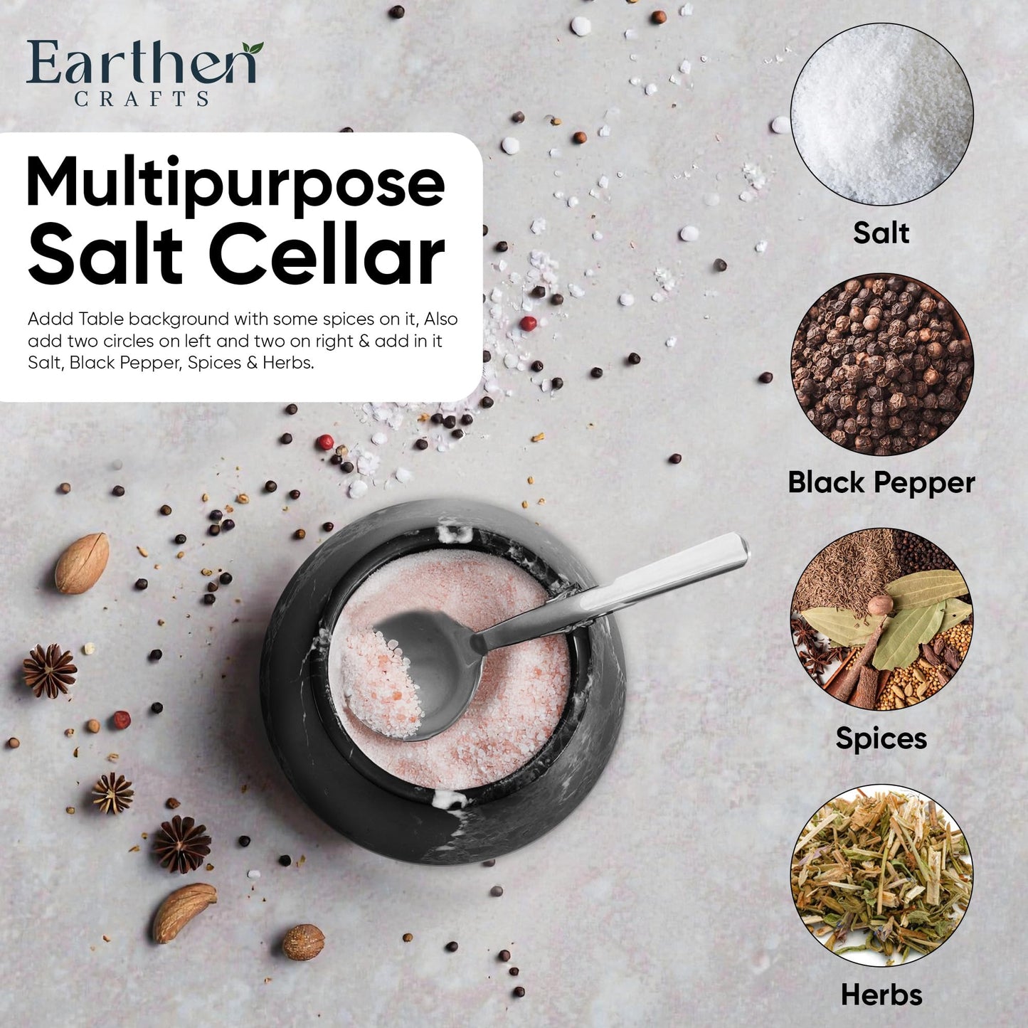 EARTHEN CRAFTS Marble Salt Cellar with Lid & Spoon, Black, 3" Salt Box Natural Stone Salt Holder For Countertop Salt Dish Spice Jar Seasoning Storage Containers for Kitchen Table Decor