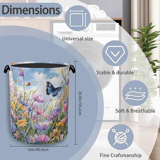 Wildflowers Butterfly Laundry Basket, Floral Garden Oxford Cloth Laundry Hamper