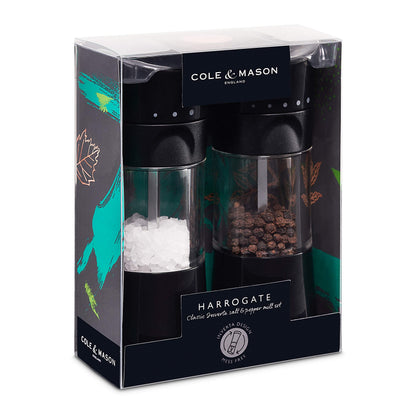 Cole & Mason Harrogate Black Salt and Pepper Grinder Set, Adjustable Ceramic Mechanism, Inverta, ABS Plastic, 154 mm, Gift Set, Includes 2 x Salt and Pepper Mills