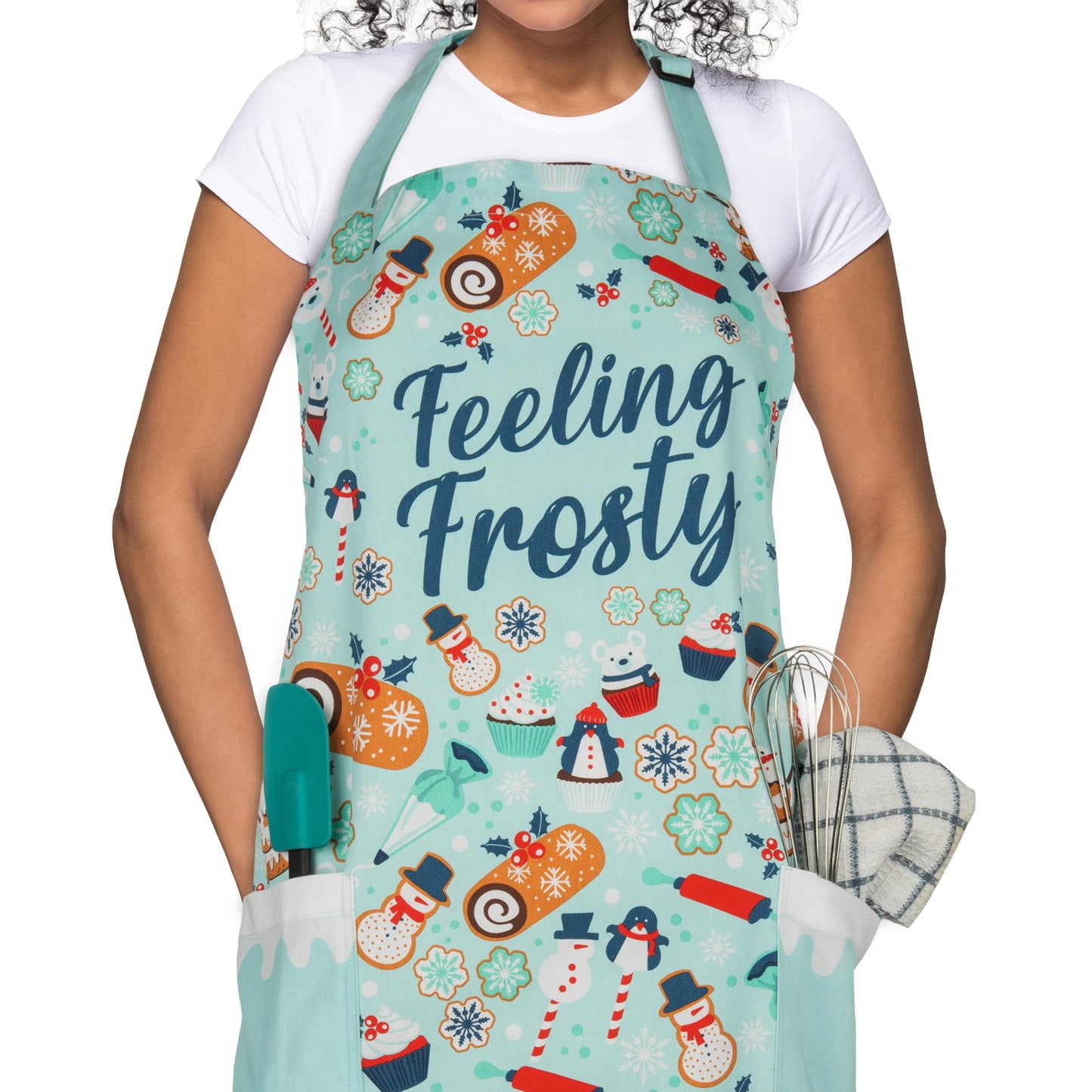 Lavley Feeling Frosty Holiday Themed Cotton Apron for Women, One Size Fits All, Christmas Baking Accessory with Pockets