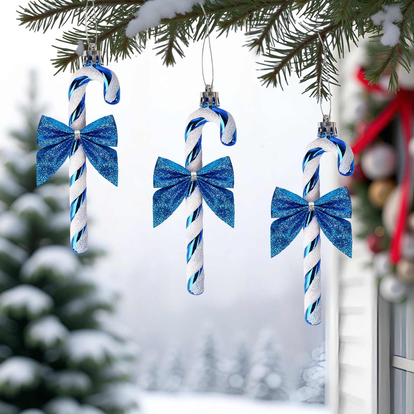 HERZWILD 12Pcs Christmas Glitter Candy Cane with Bow Blue Plastic Candy Cane Decoration Christmas Tree Hanging Ornament for Holiday Party Decoration Favor(Blue Bow)