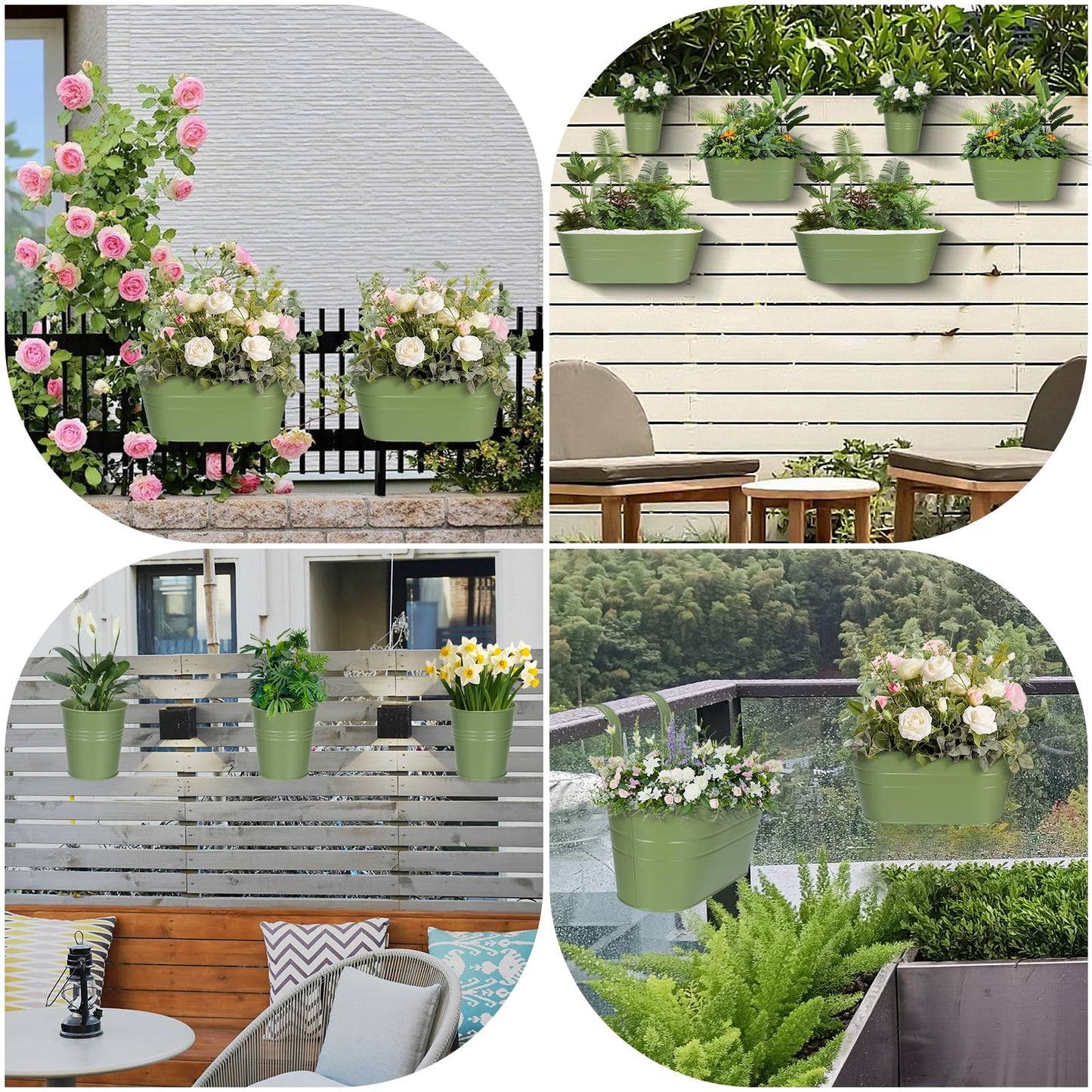 3 Different Size Metal Iron Hanging Flower Pots 10 Pcs for Outdoor Plants Metal Hanging Bucket Pots Iron Railing Fence Planter with Drainage Holes and Hooks for Porch Railing Balcony Fence (Green)