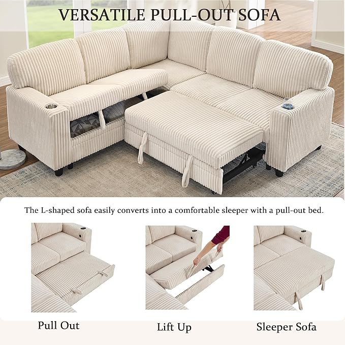 L-Shaped Sectional Couch with Storage and Pull Out Bed, Convertible Sofa Bed