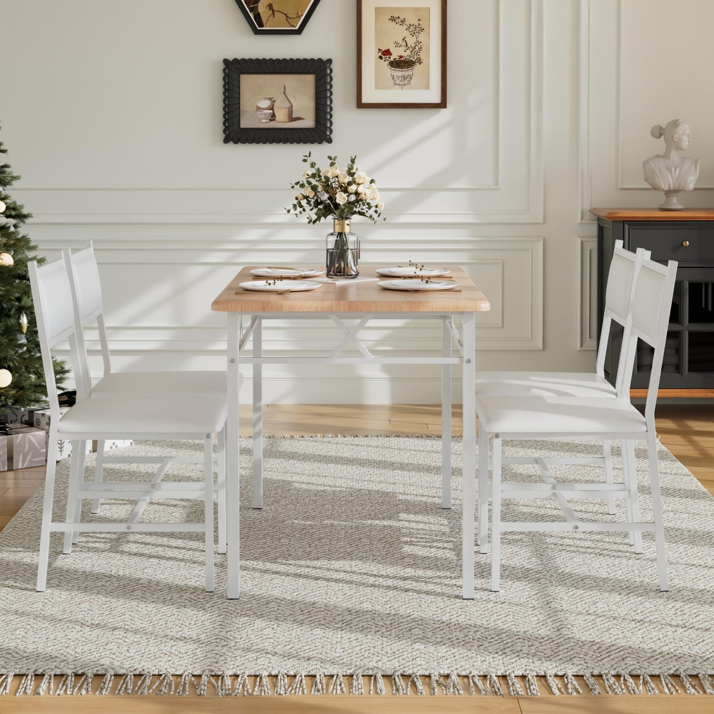 VECELO Dining Table Set for 4 with Chairs, 5-Piece Kitchen Table and Upholstered Padded Chairs Set for Small Space, Dining Room, Apartment, Natural White