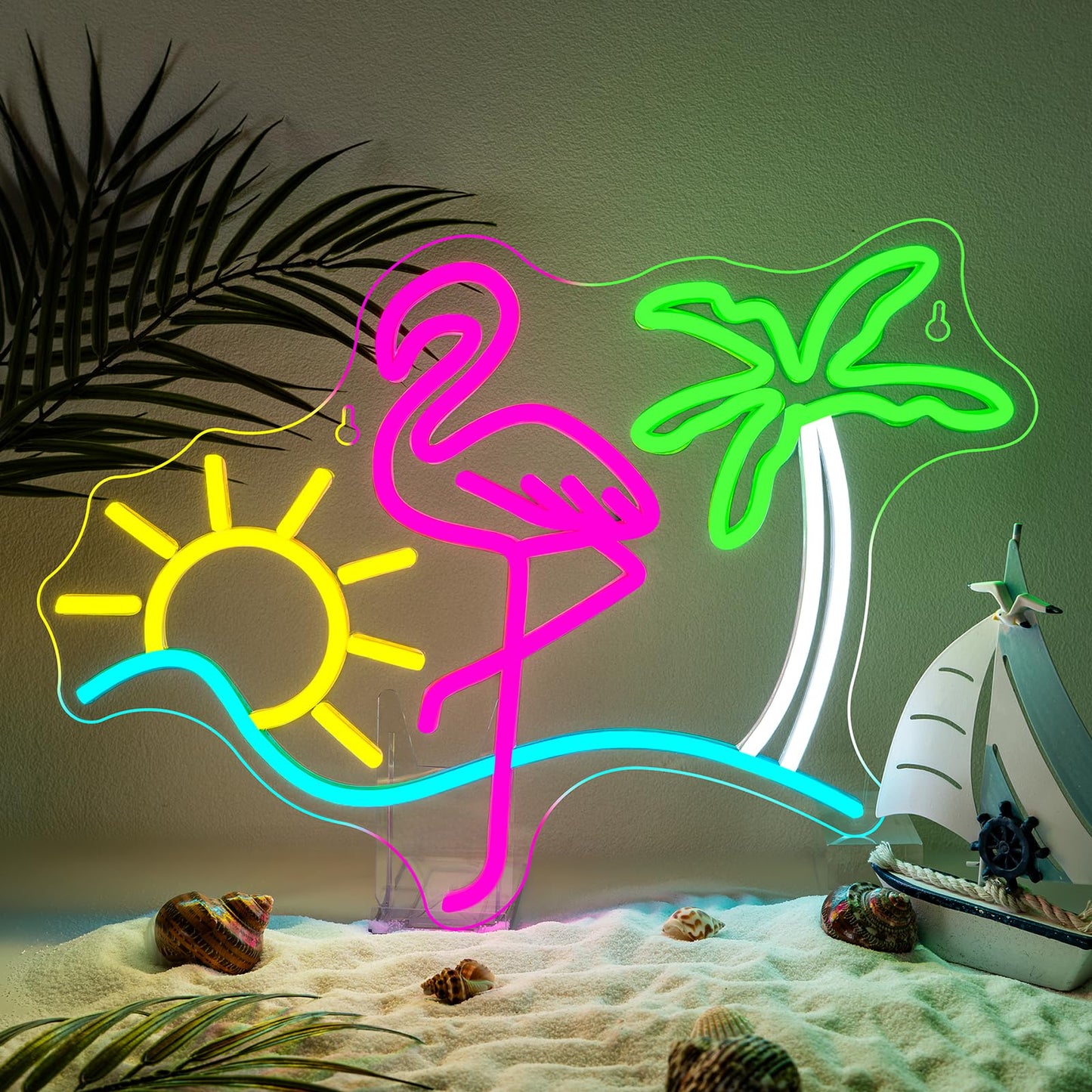 Flamingo Sun Palm Tree Neon Signs for Wall Decor Funny Dimmable LED Neon Light Sign USB Powered for Home Bar Cart Summer Beach Restaurant Man Cave Decor Beer Cafe Bistro Club Party