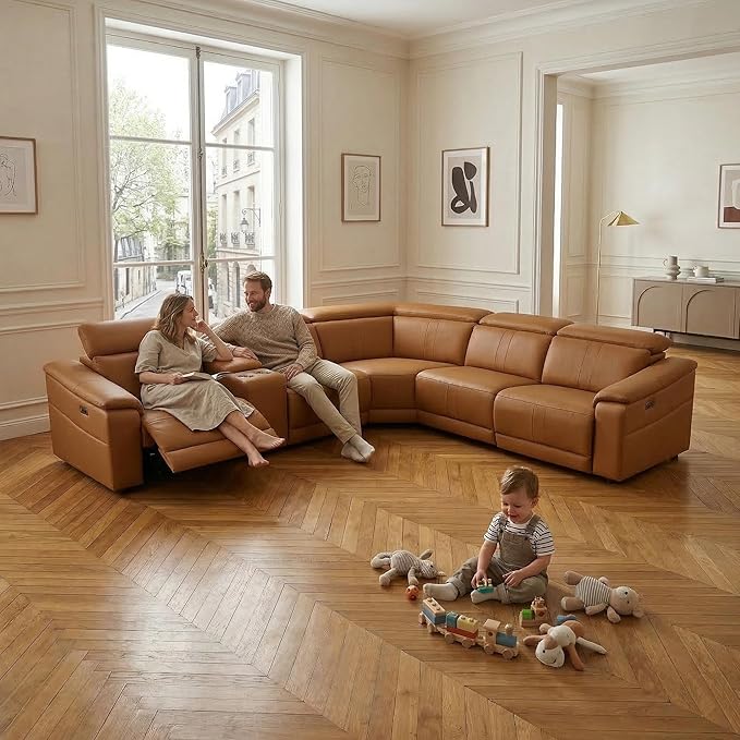 Power Recliner Sectional Sofa, L-Shaped Living Room Furniture Set, Light Brown