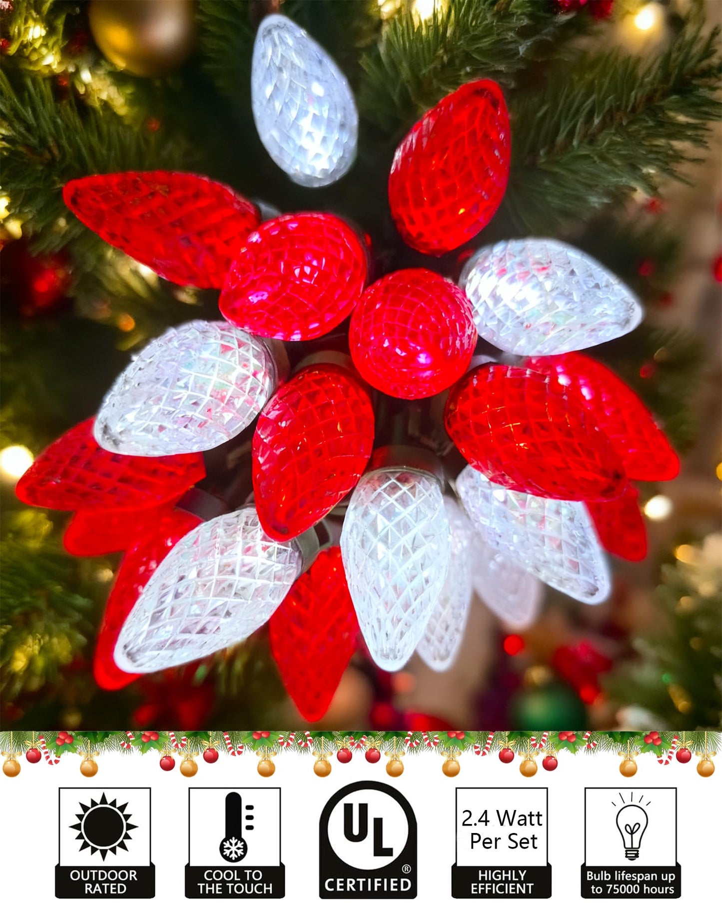 C9 Red White Christmas Lights Outdoor, 25Ft LED Strawberry Xmas Light 25 LED Shatterproof Bulb Lights, Plug in C9 Christmas String Light Connectable for Outside Indoor Home Porch Tree Xmas Decor