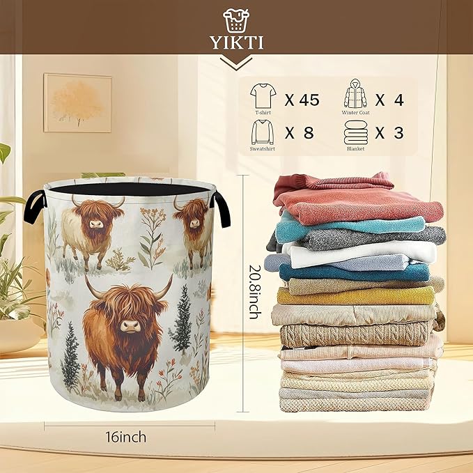 Laundry Hamper, Highland Cow Laundry Basket, Farmhouse Watercolor Flower
