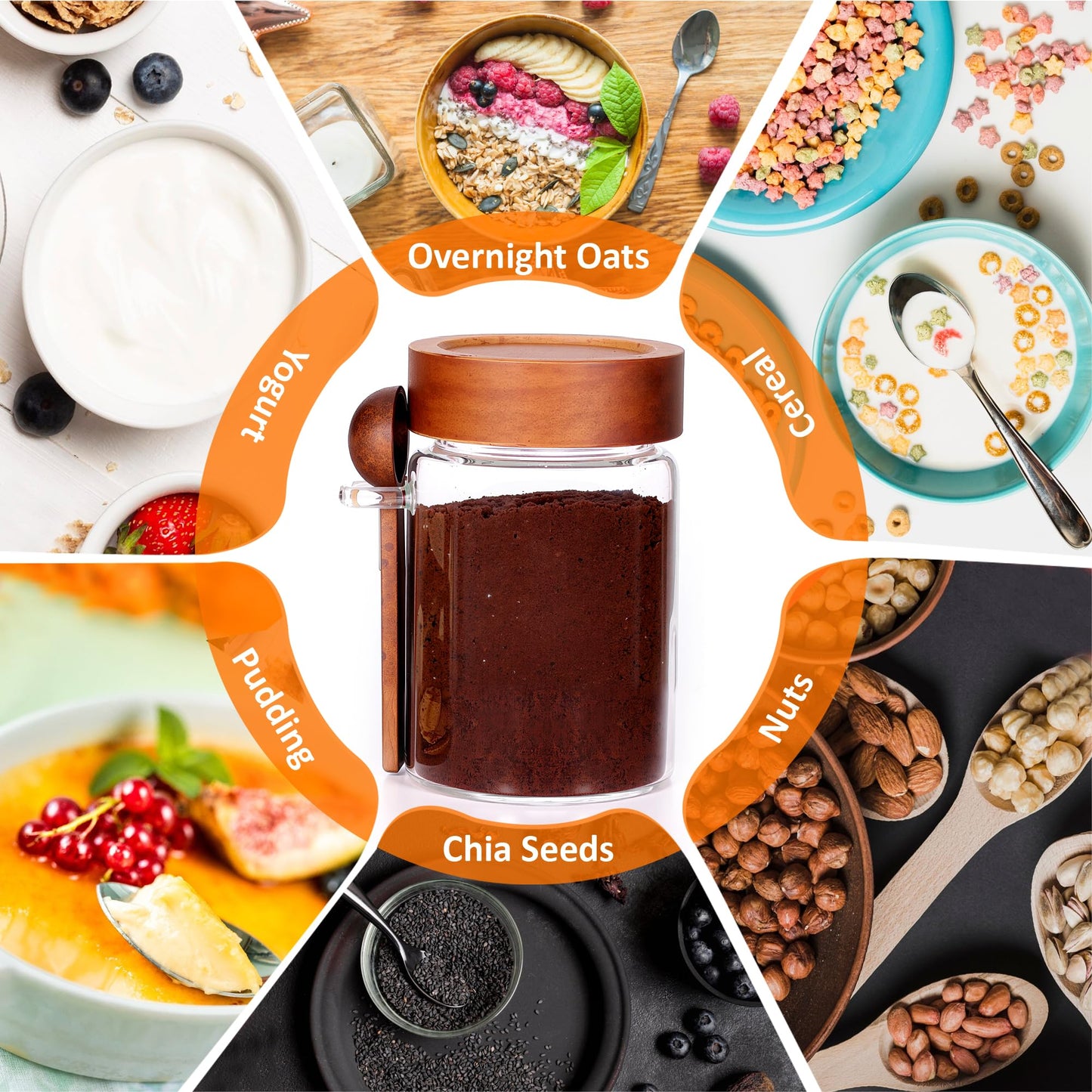 MOLADRI 15 oz/450 ml Glass Storage Canister with Airtight Wooden Lid, Clear Small Decorative Container Jar with Spoon for Salad Overnight Oats Snacks Yogurt Cereal Fruit Spice Sugar Coffee Candy Salt