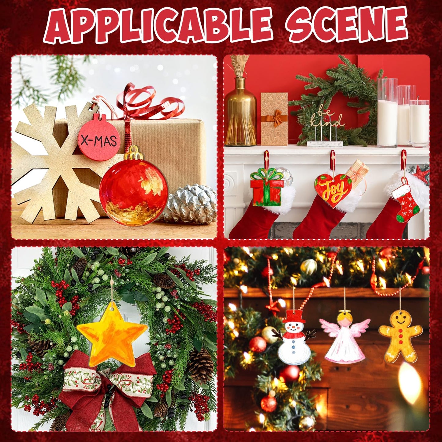 80PCS Wooden Christmas Ornaments to Paint, 8 Styles DIY Blank Unfinished Wood Reindeer Santa Claus Christmas Tree Ball Snowman Snowflake Angel Cutouts Ornament for Crafts Winter Hanging Decorations
