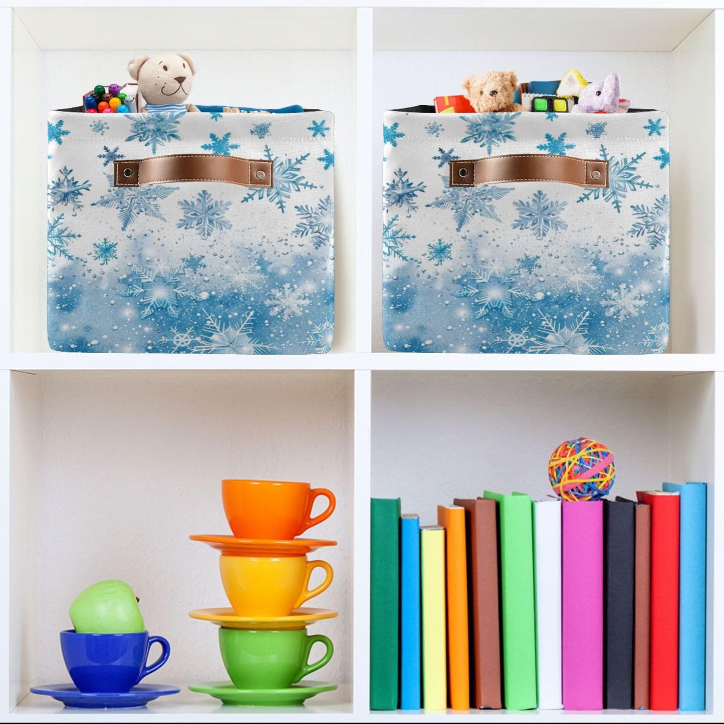 Winter Snowflake Blue Storage Basket with Waterproof Liner and PU Handles White Christmas Holiday Xmas Storage Boxes 14.2" Collapsible Decorative Organizer Baskets for Bedroom Closet Office 1 Pack