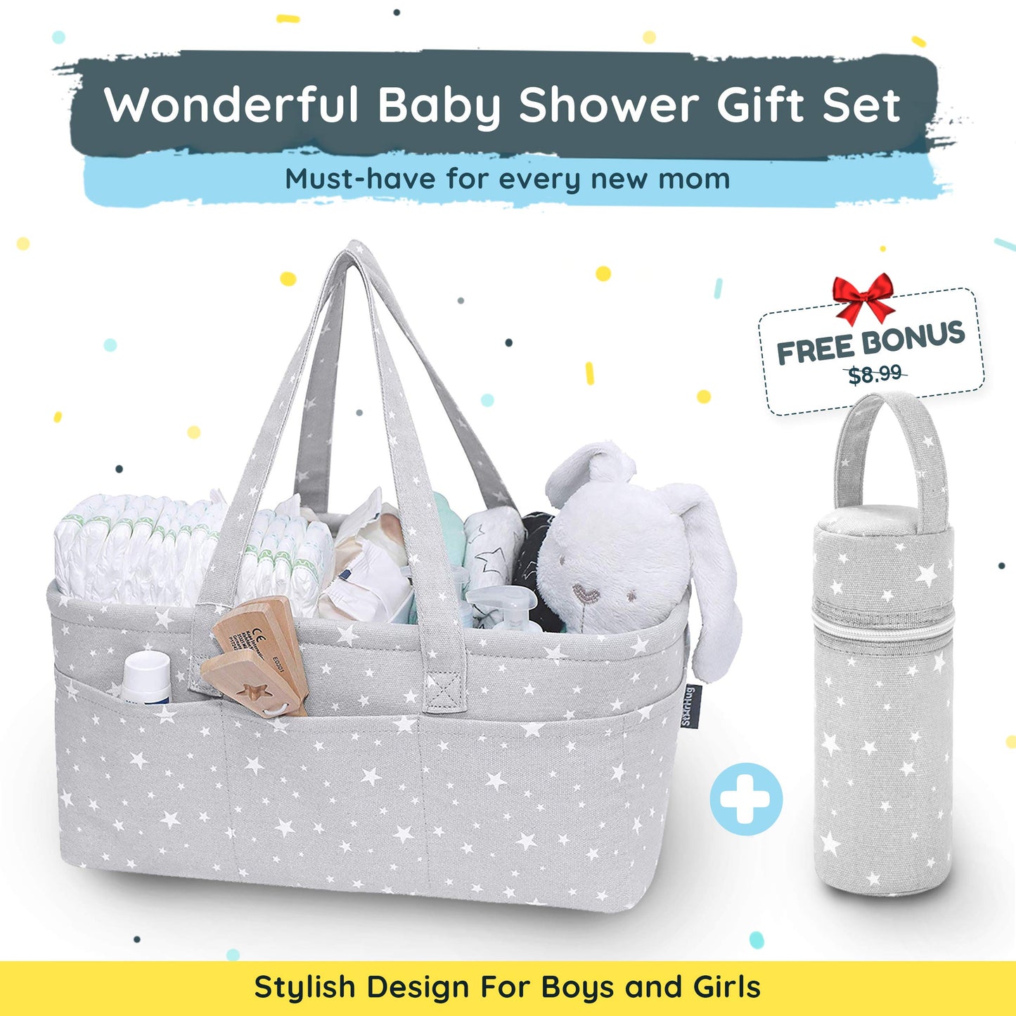 StarHug Baby Diaper Caddy Organizer - Baby Shower Basket | Large Nursery Storage Bin for Changing Table | Car Travel Tote Bag | Newborn Registry Must Have | Bonus Bottle Cooler | Gray