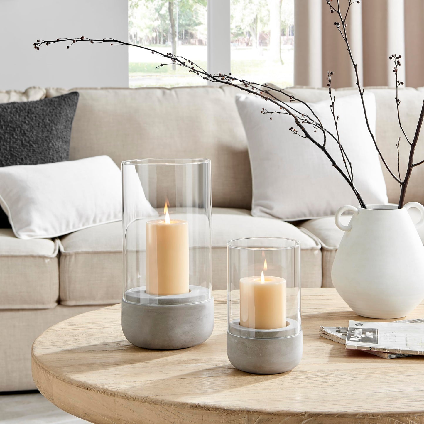 Danya B. Modern Cool Gray Cement Base and Glass Pillar Hurricane Candle Holder (Small)