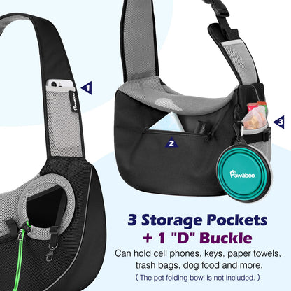 Pawaboo Pet Dog Sling Carrier, Hand Free Drawstring Dog Papoose with Adjustable Strap, Breathable Mesh Bag for Puppy Cat, Crossbody Satchel Dog Purse with Pocket for Outdoor Travel, Black, Small