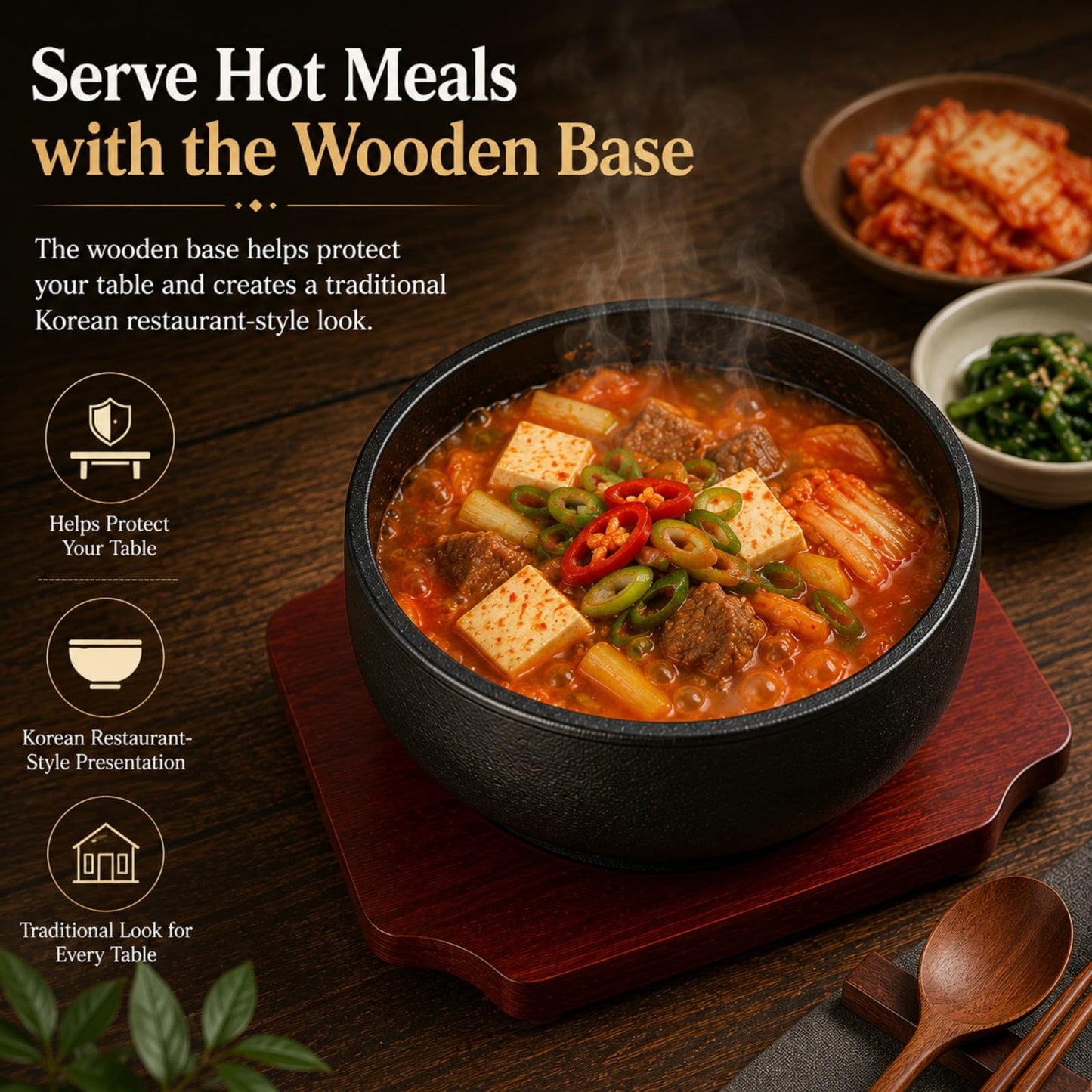 XICHENGSHIDAI Cast Iron Dolsot Bibimbap Bowl with Wooden Base, 31 oz Korean Sizzling Rice Bowl, Heat-Retaining Hot Pot Bowl for Soup, Rice, Stew and Korean Cooking