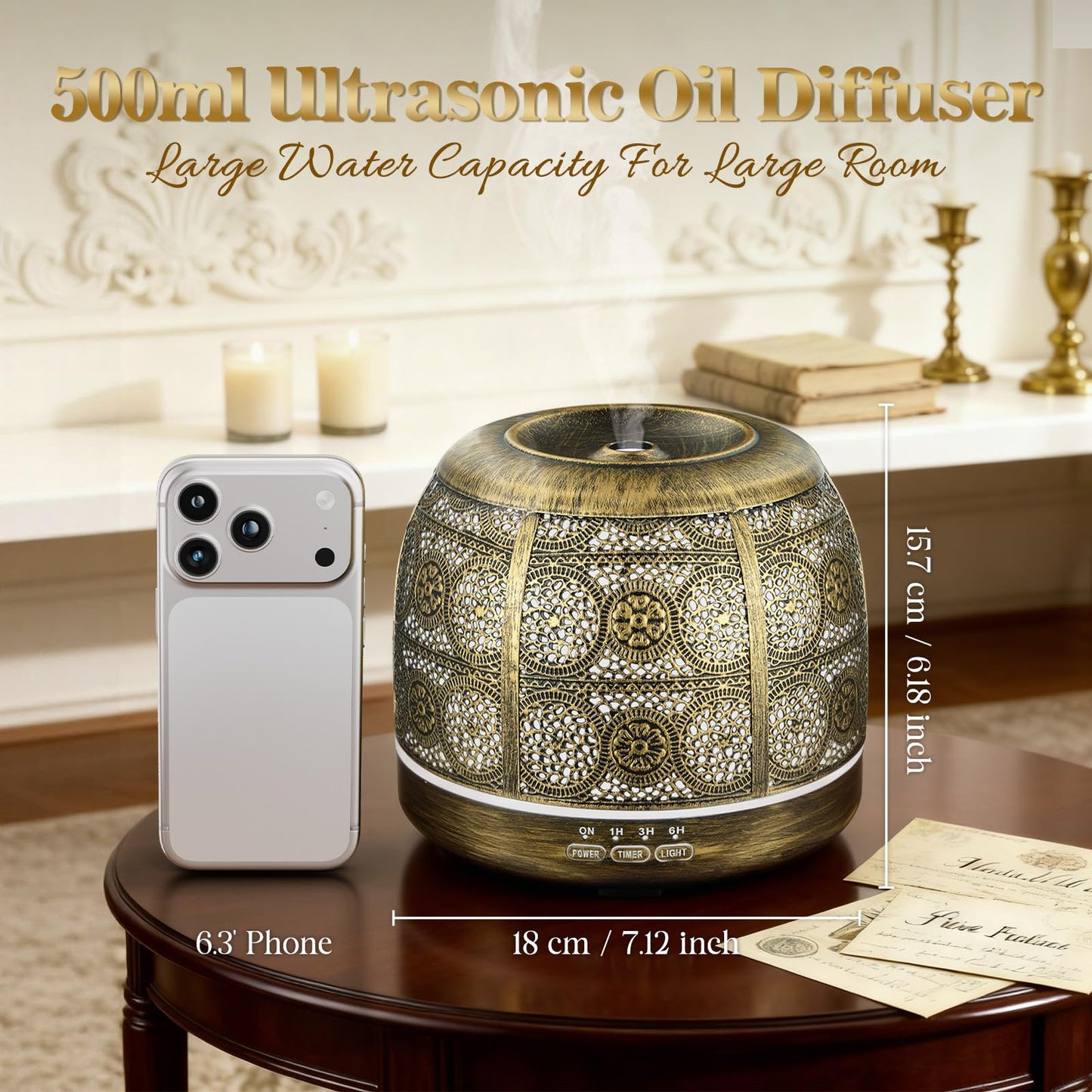 ARVIDSSON Essential Oil Diffuser 500ml, Aromatherapy Diffuser for Home, Ultrasonic Diffusers for Essential Oils, Metal Oil Diffuser with 7 Color LED Lights, Mist Timer and Auto Shut-Off Function