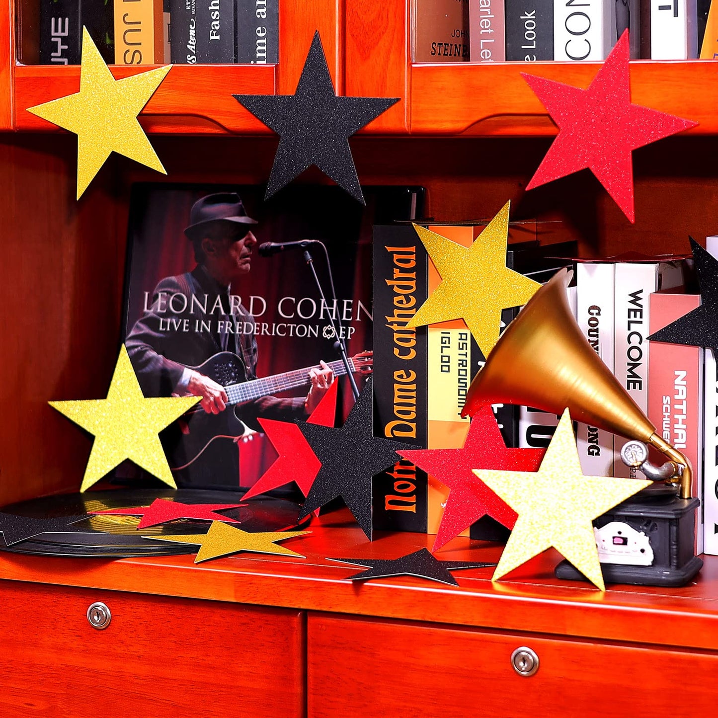 Gejoy 80 Pieces Glitter Stars Cutouts Gold Stars Decoration Double Printed Paper Star for Movie Night Bulletin Board Decoration Classroom Wall Graduation Party Decorations 6 Inches Black, Red, Gold