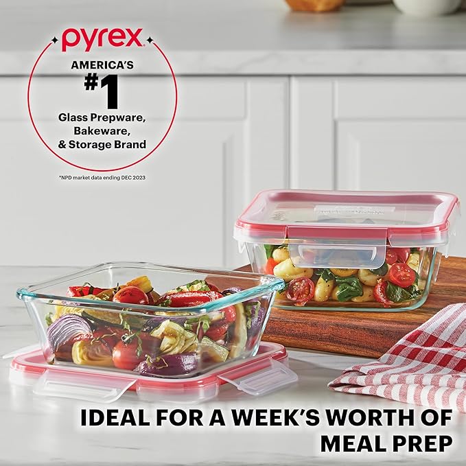 Pyrex Freshlock Glass Food Storage Containers Set, Airtight & Leakproof Plastic