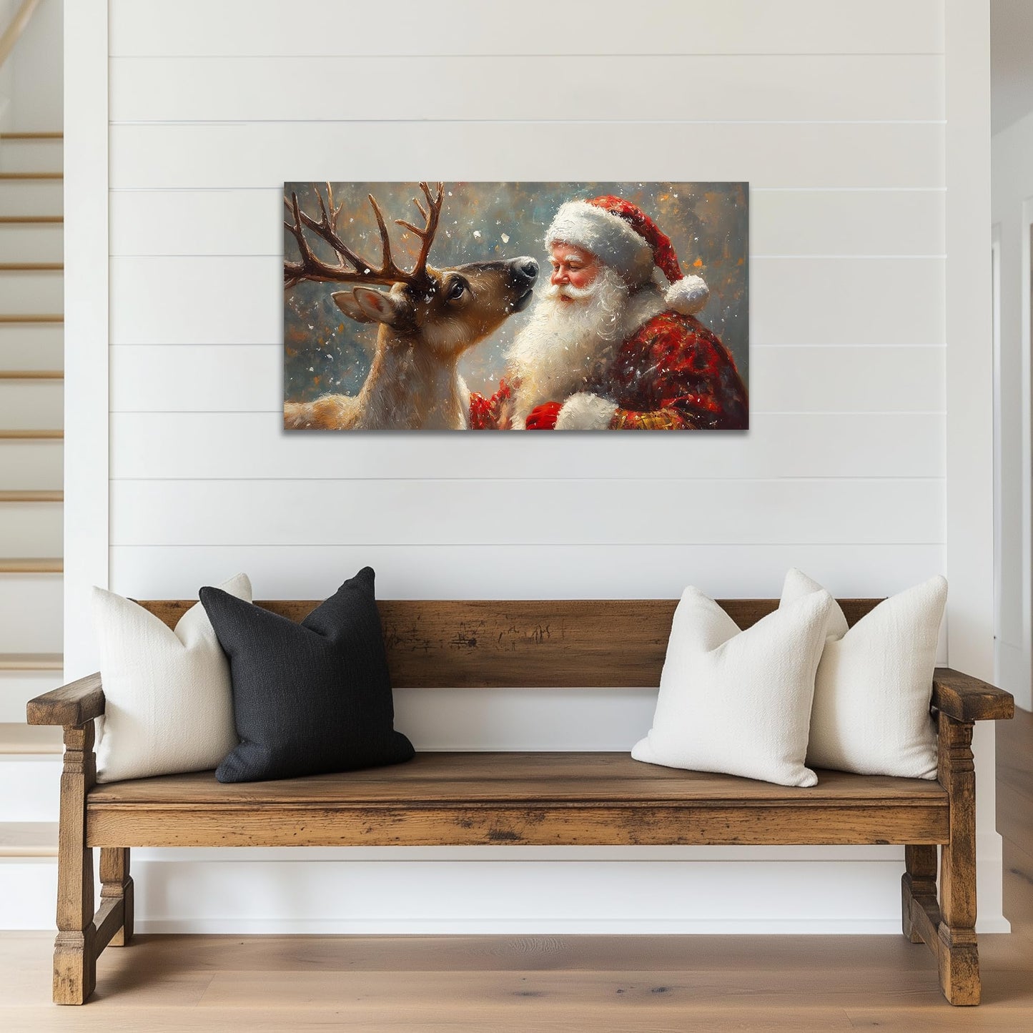 GUTTATY Christmas Canvas Wall Art, Santa and Reindeer Winter Scene, Holiday Canvas Wall Decor, Festive Snowy Wall Paintings, Christmas Poster Print for Living Room, Office, Indoor Party, 32x16 Inch
