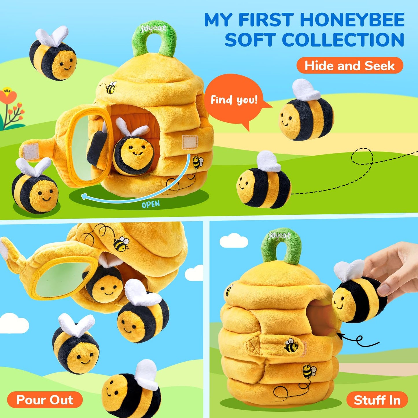 JoyCat Baby Toys 6-12 Months - B2 Soft Baby Beehive with 5 Sensory Bees - Rattle, Crinkle Paper, Squeaker, Mirror, Busy Montessori Soft Toys for Toddlers 0-3 Years Old - Boy Girl Birthday Gift
